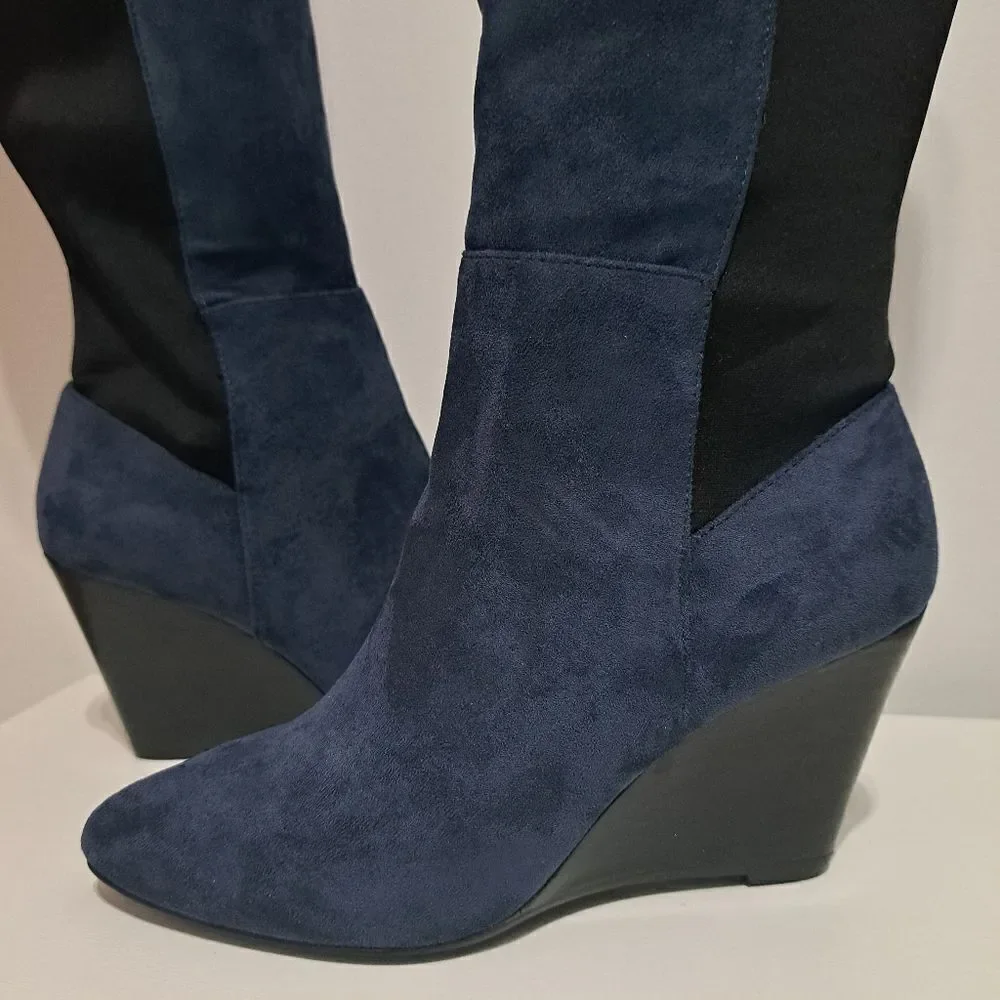 Charles By Charles David Easel Point Toe Knee High Suede Wedge Boots Sz 6.5 Blue